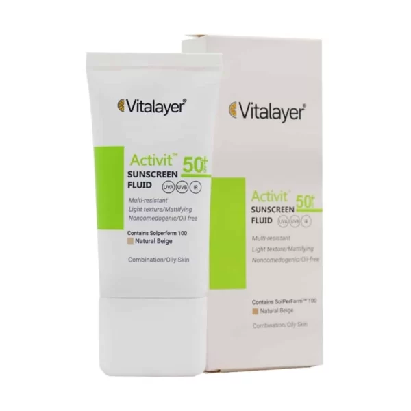 فلوئید ضد آفتاب ویتالیر رنگی بژ طبیعیSPF50 پوست چرب اکتی ویت 50 میل - Image 1