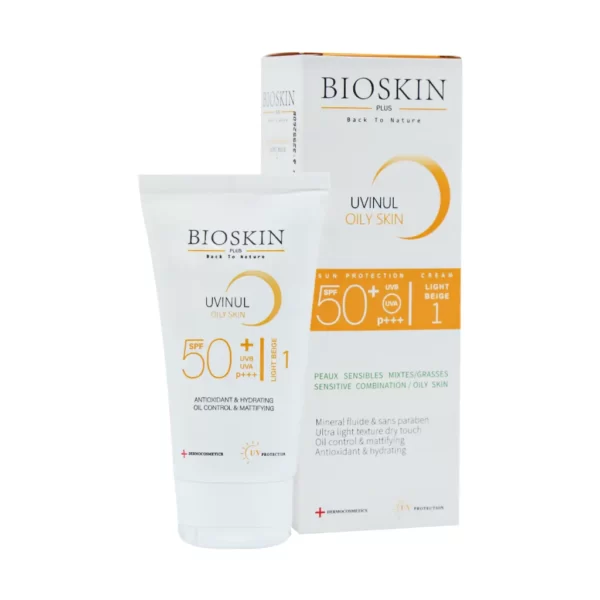 کرم ضد آفتاب SPF50 پوست چرب بایو اسکین پلاس 40 میل بژ روشن