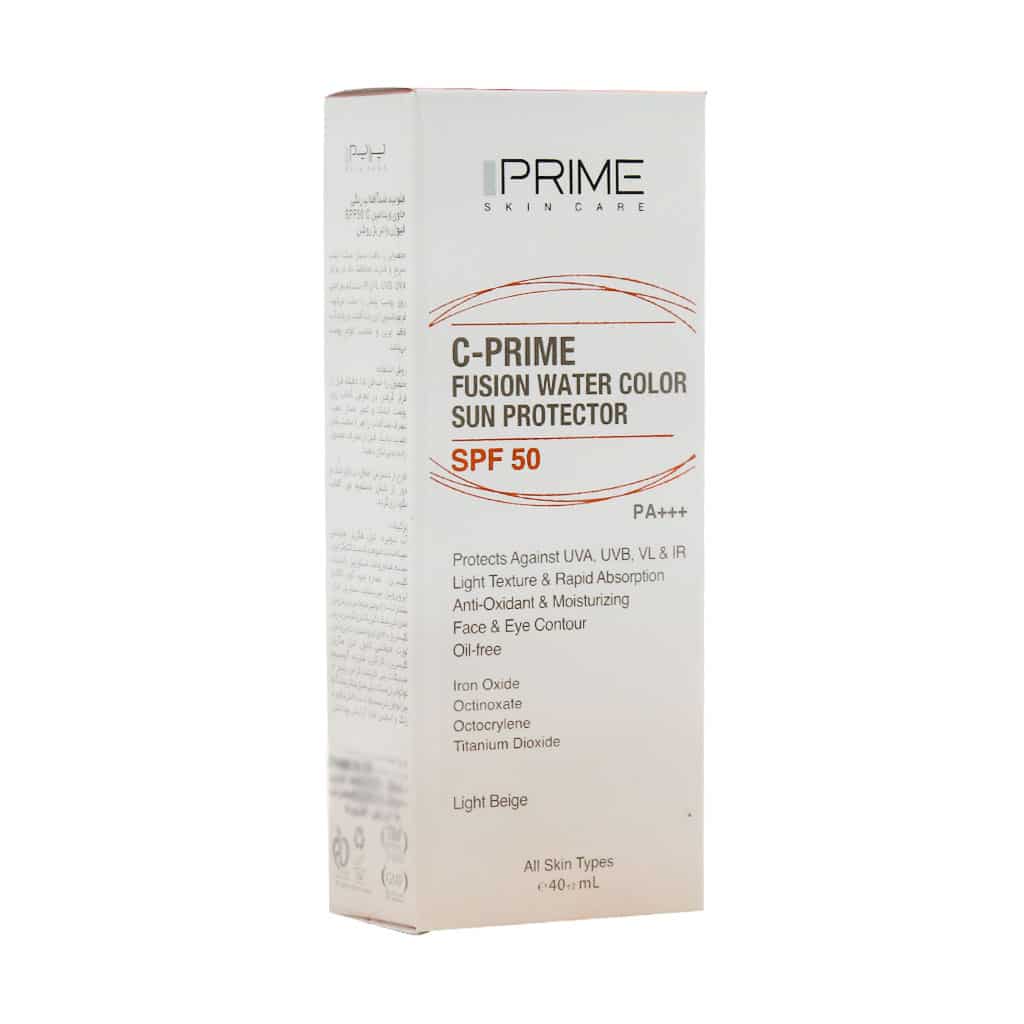 فلوئید ضد آفتاب SPF50 فیوژن واتر پرایم حاوی ویتامین C حجم 40 میل فلوئید ضد آفتاب SPF50 فیوژن واتر پرایم بژ روشن حاوی ویتامین C